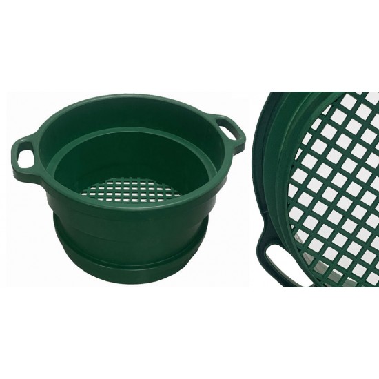 13-1/4" Diameter, 1/2" Mesh, 6" Deep Green Plastic Screen Stackable Sifting Pan with Handle